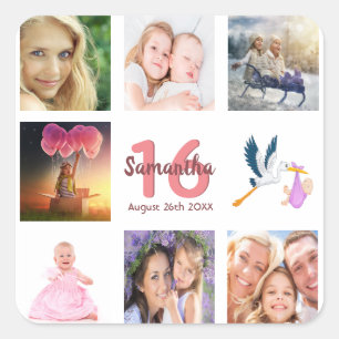 16e verjaardag fotocollage monogram vierkante sticker