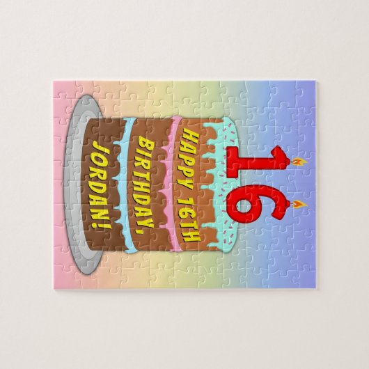 16e verjaardag: Fun Cake and Candles + Custom Name Legpuzzel (Horizontaal)