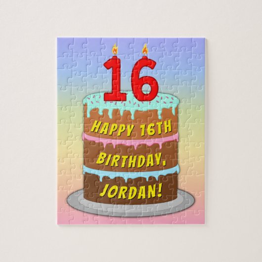 16e verjaardag: Fun Cake and Candles + Custom Name Legpuzzel (Verticaal)