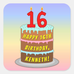 16e verjaardag: Fun Cake and Candles + Custom Name Vierkante Sticker