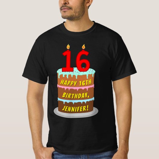 16e verjaardag — Fun Cake & Candles, w/ Aangepaste T-shirt (Voorkant)
