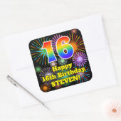 16e verjaardag: Fun Fireworks Kijk, regenboog # 16 Vierkante Sticker (Envelop)