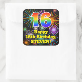 16e verjaardag: Fun Fireworks Kijk, regenboog # 16 Vierkante Sticker