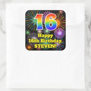16e verjaardag: Fun Fireworks Kijk, regenboog # 16 Vierkante Sticker
