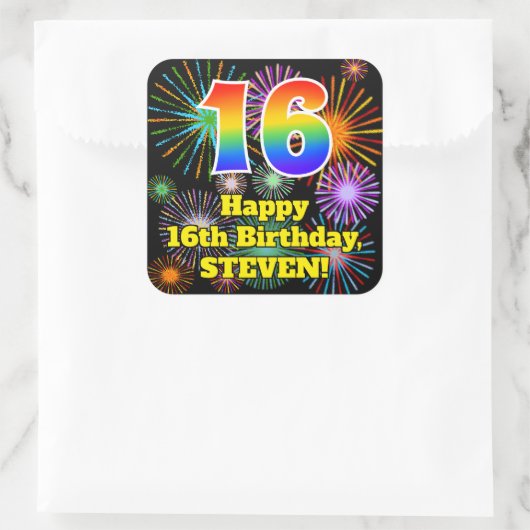 16e verjaardag: Fun Fireworks Kijk, regenboog # 16 Vierkante Sticker (Tas)