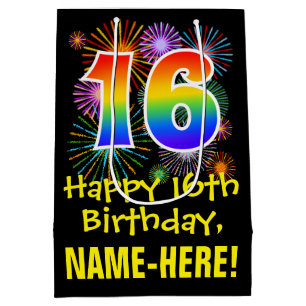 16e verjaardag: Fun Fireworks Pattern + Rainbow 16 Medium Cadeauzakje