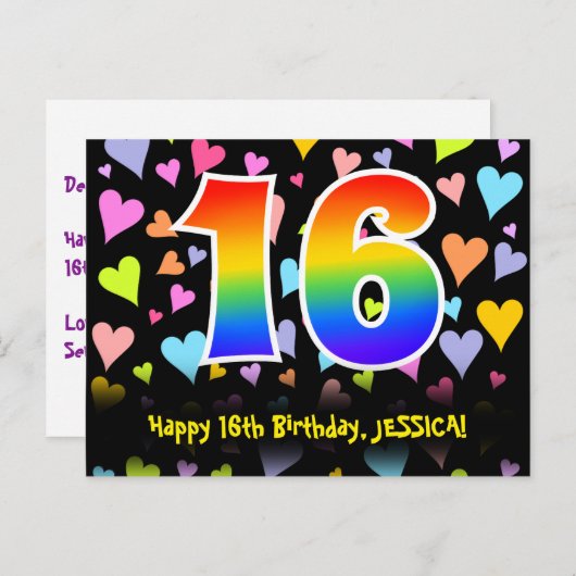 16e verjaardag: Fun Hearts-patroon, Regenboog 16 Briefkaart (Voorkant / Achterkant)