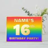 16e verjaardag: Fun, kleurrijk regenboogpatroon Folie Uitnodiging (Staand Voorkant)