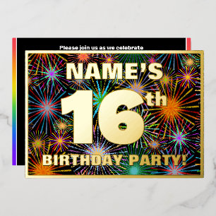 16e verjaardag — Fun, kleurrijke Fireworks look Folie Uitnodiging