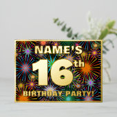 16e verjaardag — Fun, kleurrijke Fireworks look Folie Uitnodiging (Staand Voorkant)