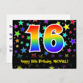 16e verjaardag: Fun Stars Pattern, Rainbow 16, Naa Briefkaart (Voorkant / Achterkant)
