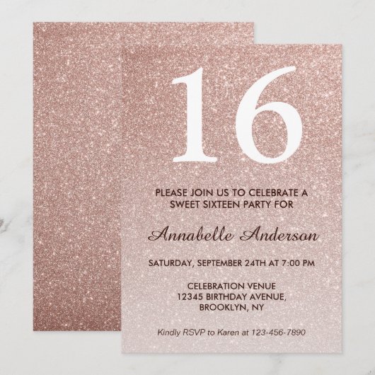 16e verjaardag Glam Roze Rose Gold Glitter Ombre Kaart (Voorkant / Achterkant)