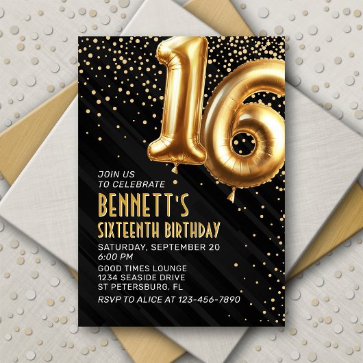 16e verjaardag Gold Black Invitation Kaart