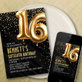 16e verjaardag Gold Black Invitation Kaart