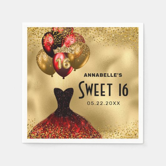 16e verjaardag Gold Glitter Red Dress Sweet 16 Servet (Voorkant)