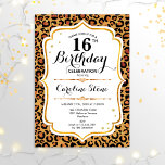 16e verjaardag - Gold Leopard Print Kaart<br><div class="desc">16e uitnodiging van de verjaardag. Elegant design in faux glitter Gold en white. Kenmerken luipaard cheetah dierlijk afdrukken,  scriptlettertype en rozen. Ideaal voor een elegant verjaardagsfeestje. Kan elk jaar worden gepersonaliseerd! Bericht me als u verdere aanpassing nodig hebt.</div>