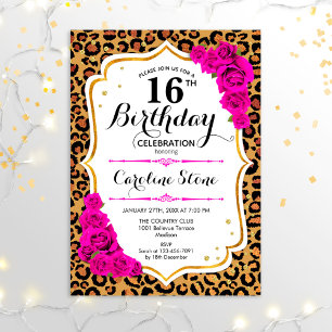 16e verjaardag - Gold Pink Leopard Print Kaart