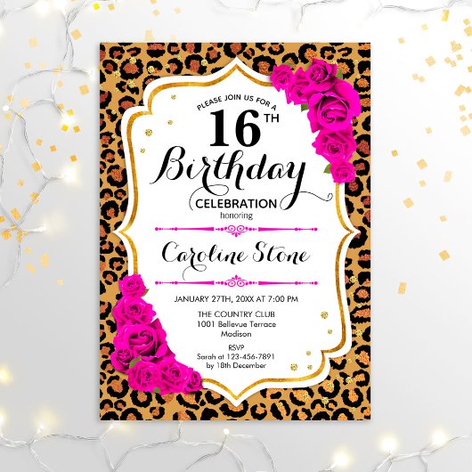 16e verjaardag - Gold Pink Leopard Print Kaart