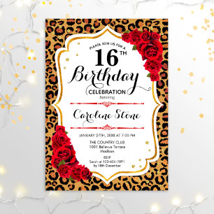 16e verjaardag - Gold Red Leopard Print Kaart