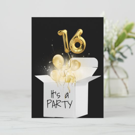 16e verjaardag goudballonnen in witte doos kaart (Staand voorkant)