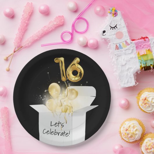 16e verjaardag goudballonnen in witte doos papieren bordje (Feest)