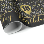16e verjaardag gouden ballon op zwart met Confetti Cadeaupapier (Rol Hoek)