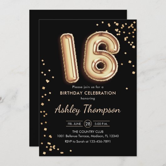16e verjaardag - Gouden ballonnen zwart Kaart (Voorkant / Achterkant)