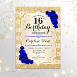 16e verjaardag - goudstapes Roya; blauwe Rozen Kaart<br><div class="desc">16e uitnodiging van de verjaardag. Elegant design in goud en koninklijk blauw. Met faux glitter Gold stripes,  sapphire rozen,  stijlvol script font en confetti. Ideaal voor een glam verjaardagsfeestje.</div>