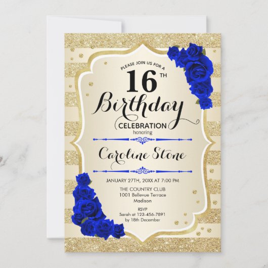 16e verjaardag - goudstapes Roya; blauwe Rozen Kaart (Voorkant)
