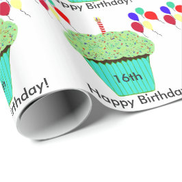 16e verjaardag groene cupcake ballonnen aanpassen cadeaupapier
