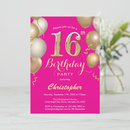 16e verjaardag Hot Pink en Gold Balloons Confetti Kaart (Staand voorkant)