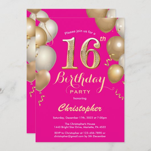 16e verjaardag Hot Pink en Gold Balloons Confetti Kaart (Voorkant / Achterkant)