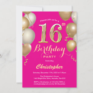 16e verjaardag Hot Pink en Gold Balloons Confetti Kaart