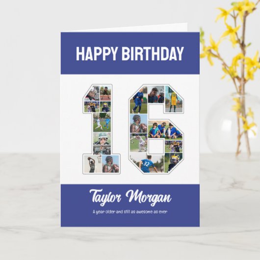 16e verjaardag Jubileum nummer 16 fotocollage Kaart (Gele Bloem)