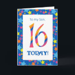 16e verjaardag Kaart voor Son, Stripes and Stars<br><div class="desc">Een heldere en kleurrijke 16e Verjaardag Kaart voor een Zoon,  met gestreepte cijfers en een sterrenrand,  van een digitaal ontwerp van Judy Adamson. U kunt het bericht aan de binnenkant wijzigen als u dat wenst.</div>