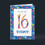 16e verjaardag Kaart voor Son, Stripes and Stars<br><div class="desc">Een heldere en kleurrijke 16e Verjaardag Kaart voor een Zoon,  met gestreepte cijfers en een sterrenrand,  van een digitaal ontwerp van Judy Adamson. U kunt het bericht aan de binnenkant wijzigen als u dat wenst.</div>
