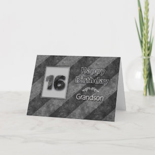 16e VERJAARDAG, kleinzoon, Grunge Grey Stripes Kaart