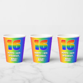 16e verjaardag: Kleurrijk, leuk regenboogpatroon # Papieren Bekers