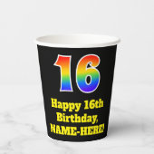 16e verjaardag: Kleurrijk, Leuk, Spannend, Regenbo Papieren Bekers (Achterkant)