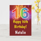 16e verjaardag Kleurrijk Regenboog Vuurwerk Rood Kaart (Gele Bloem)