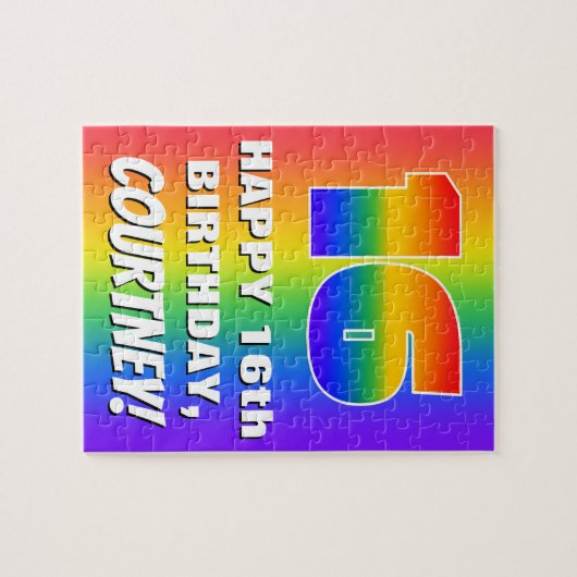 16e verjaardag: kleurrijk, vun regenboogpatroon #  legpuzzel (Horizontaal)