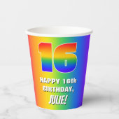16e verjaardag: kleurrijk, vun regenboogpatroon #  papieren bekers (Voorkant)