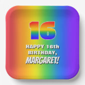 16e verjaardag: kleurrijk, vun regenboogpatroon # papieren bordje (Voorkant)