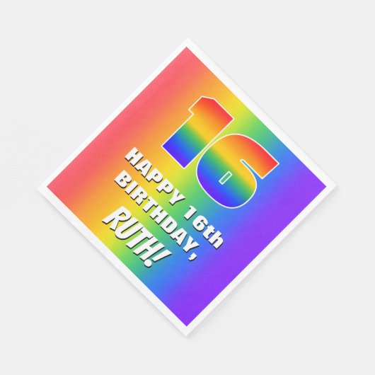 16e verjaardag: kleurrijk, vun regenboogpatroon #  servet (Hoek)