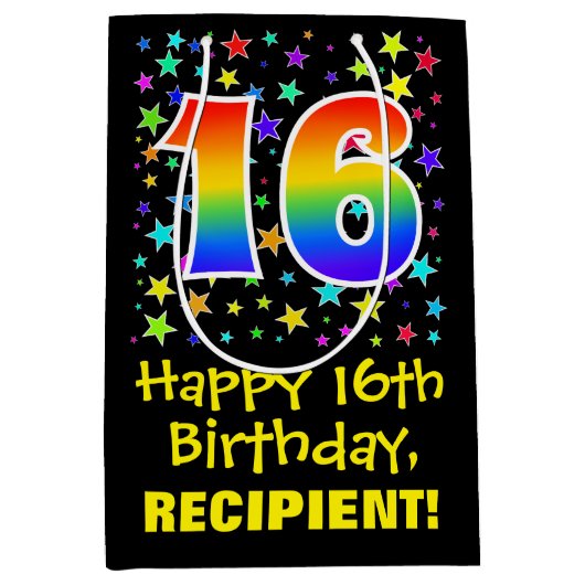 16e verjaardag: Kleurrijke Sterren Patroon & Regen Medium Cadeauzakje (Voorkant)