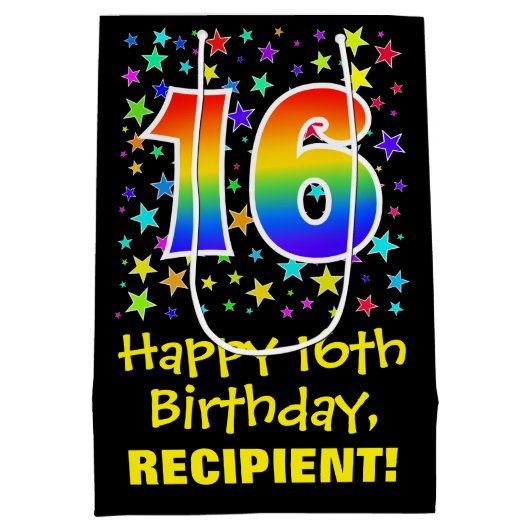 16e verjaardag: Kleurrijke Sterren Patroon & Regen Medium Cadeauzakje (Achterkant)