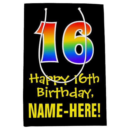16e verjaardag: Leuk, Vet, Kleurrijk, Regenboog "1 Medium Cadeauzakje (Voorkant)