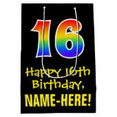 16e verjaardag: Leuk, Vet, Kleurrijk, Regenboog "1 Medium Cadeauzakje (Achterkant)