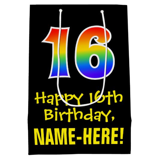 16e verjaardag: Leuk, Vet, Kleurrijk, Regenboog "1 Medium Cadeauzakje (Achterkant)