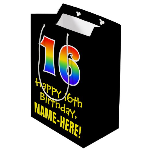 16e verjaardag: Leuk, Vet, Kleurrijk, Regenboog "1 Medium Cadeauzakje (Achterkant Gekanteld)